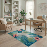 Teal Palm Leaf Hibiscus Coastal Area Rug
