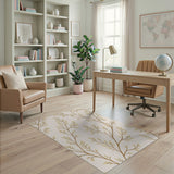 Delicate Golden Leaf Branch Beige Area Rug
