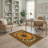 Orange Sunburst Geometric Area Rug with Ornate Border