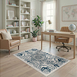 Ornate Navy Floral Border Area Rug