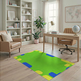 Playful Green Kids Rug with Yellow Ovals Blue Rectangles