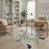Washable Vintage Botanical Floral Butterfly Area Rug - Cream & Dusty Blue Low Pile
