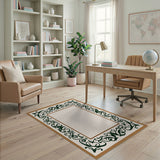 Cream Area Rug with Ornate Green Floral Border