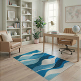 Layered Blue Waves Geometric Area Rug
