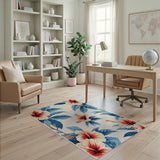 Hibiscus Floral Area Rug with Blue Leaves