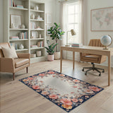 Washable Vintage Floral Border Area Rug, Navy & Blush Pink Low Pile