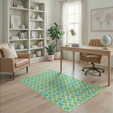 ODIKA Washable Teal and Lime Green Floral Medallion Low Pile Non-Slip Area Rug