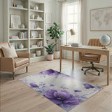 Washable Purple Watercolor Floral Area Rug - Low Pile & Non-Slip