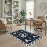 Nautical Compass Blue Area Rug with Anchors and Sailboats