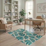 Coastal Beach Teal Palm Leaf Coastal Area Rug
