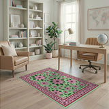 Pink Floral Green Area Rug with Ornate Border