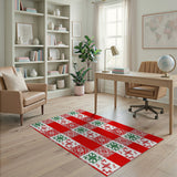 Red Plaid Holiday Rug with Green Embroidery