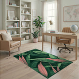 Lush Green Pink Leaf Pattern Area Rug