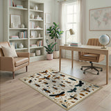Washable Vintage Insect Botanical Area Rug - Low Pile & Non-Slip