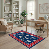 Navy Blue Christmas Trees Snowflakes Area Rug Red Border