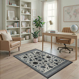 Black Peony Floral Ivory Area Rug