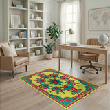 Vibrant Yellow Persian Medallion Rug with Teal Florals