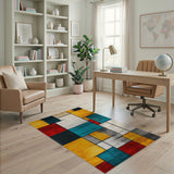 ODIKA Washable Geometric Color Block Area Rug, Mid-Century Modern Low Pile Non-Slip Carpet