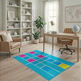 Vibrant Teal Grid Geometric Area Rug