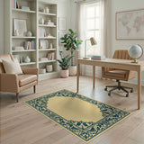 Ornate Teal Floral Border Beige Area Rug