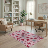 Pink Snowflake Pattern Area Rug with Red Blue Accents