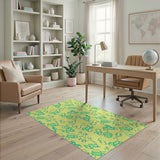 Whimsical Teal Leaf Swirls on Yellow Area Rug