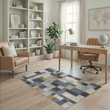 Geometric Grey Area Rug with Yellow Accents
