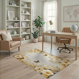 Golden White Anemone Floral Butterfly Area Rug