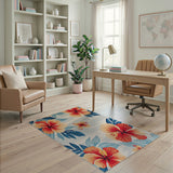 Vibrant Hibiscus Floral Blue Teal Area Rug