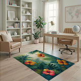 ODIKA Tropical Hibiscus Floral Washable Area Rug - Non-Slip Low Pile Palm Leaf Carpet