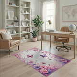 ODIKA Floral Butterfly Pink & Purple Washable Area Rug, Low Pile Non-Slip & Pet Friendly