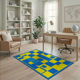 Vibrant Blue Yellow Geometric Patchwork Rug