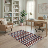 ODIKA Washable Abstract Striped Area Rug - Low Pile Non-Slip Red & Blue Distressed Design