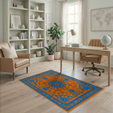 Vibrant Orange Blue Persian Floral Medallion Rug
