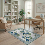 Blue Daisy Floral Area Rug with Teal Border