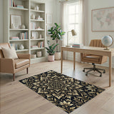 Gold Mandala Floral Area Rug on Black