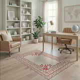 Ornate Beige Rug with Red Floral Border
