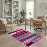 Vibrant Pink Black Grey Geometric Stripe Rug