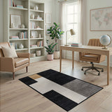 Asymmetrical Geometric Black White Gold Area Rug