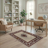 Ornate Beige Persian Rug with Gold Shield Border