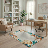 Blue Teal Seashell Starfish Coastal Border Rug