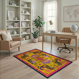 Vibrant Yellow Tiger Rug with Pink Tribal Motifs