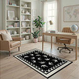 Black White Abstract Leaf Area Rug