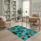 Blue and Teal Teal Geometric Modern Area Rug with Orange Accents