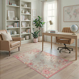 ODIKA Vintage Pink Floral Washable Rug - Low Pile Non-Slip Area Rug