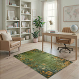 Washable Vintage Distressed Floral Green Area Rug - Non-Slip, Low Pile