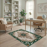 Ornate Green Border Cream Area Rug