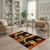Orange Tribal Elephant Silhouette Area Rug