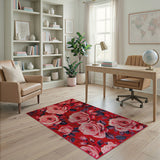 Pink Roses on Red Floral Vintage Area Rug