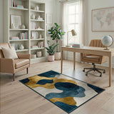 ODIKA Modern Abstract Blue and Gold Washable Rug - Low Pile Non-Slip Area Rug